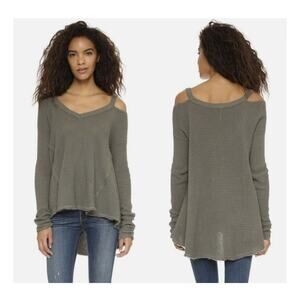Free People Moonshine Cold Shoulder Distressed Sweater Olive Medium Boho